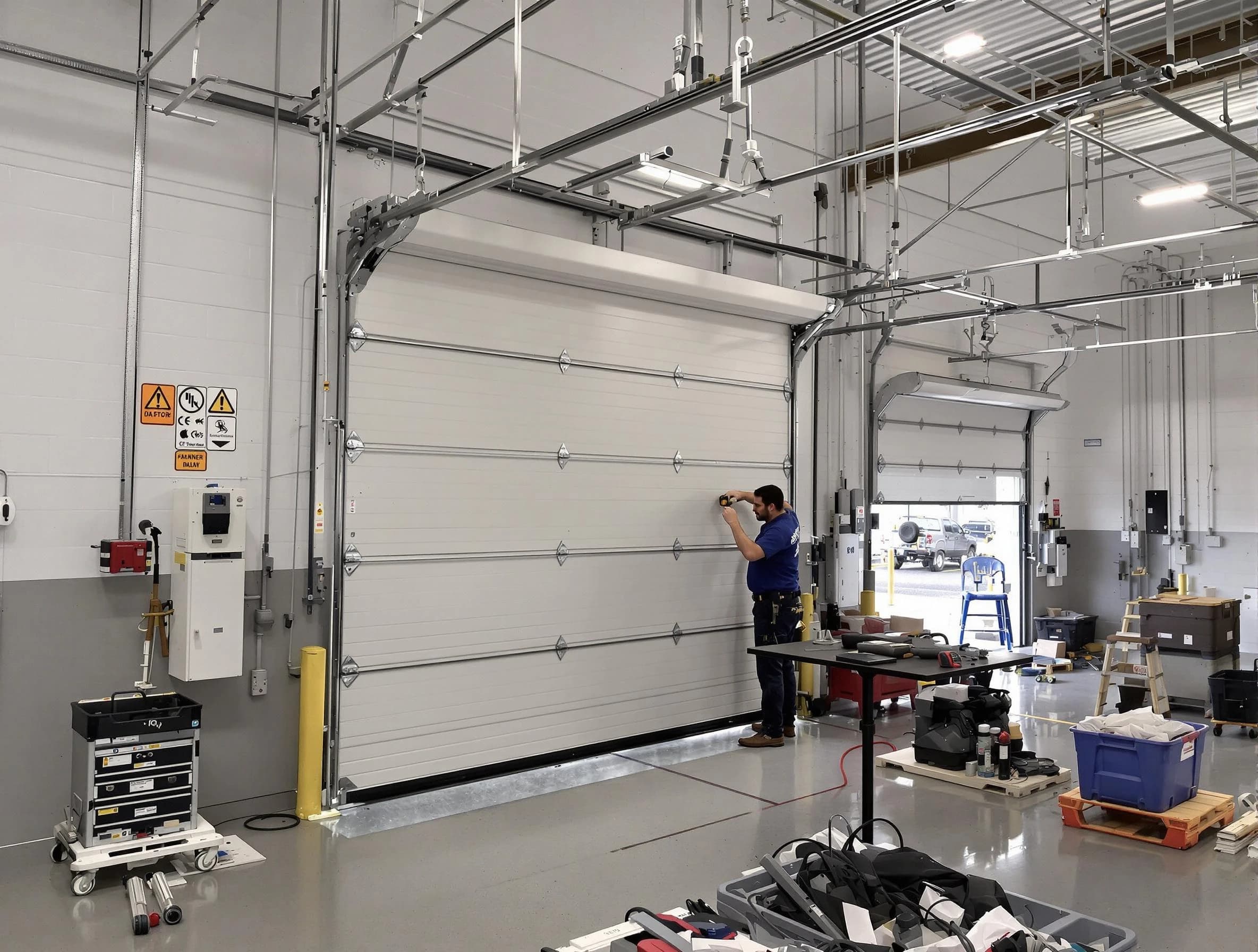 Commercial garage door repair being performed by Thornton Garage Door Repair expert in Thornton